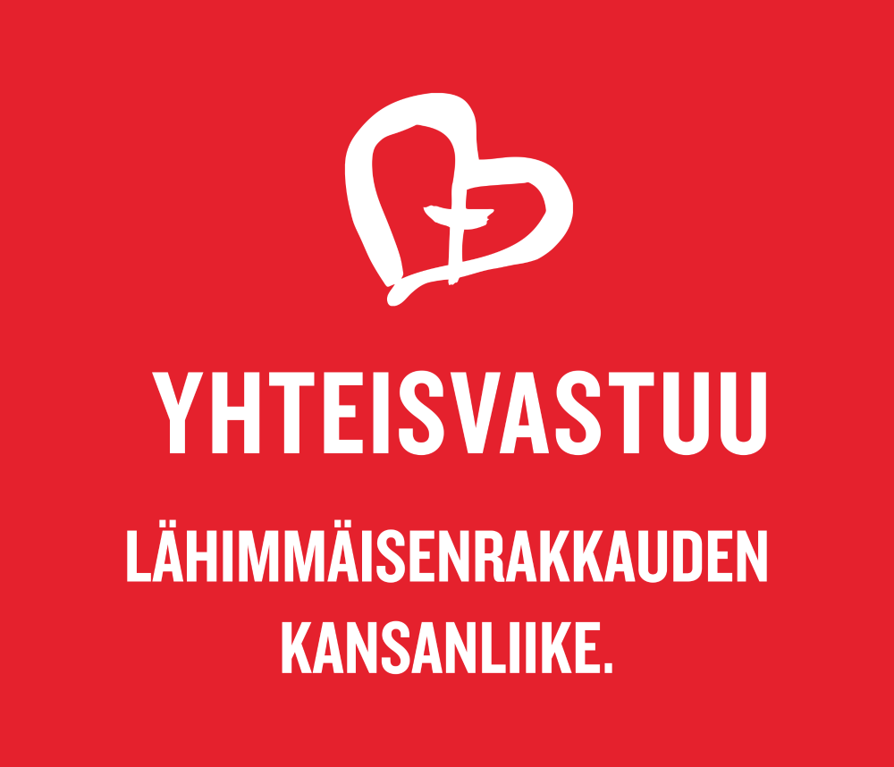 punaisella taustalla Yhteisvastuukeräyksen sydänlogo ja teksti lähimmäisenrakkauden kansanliike.