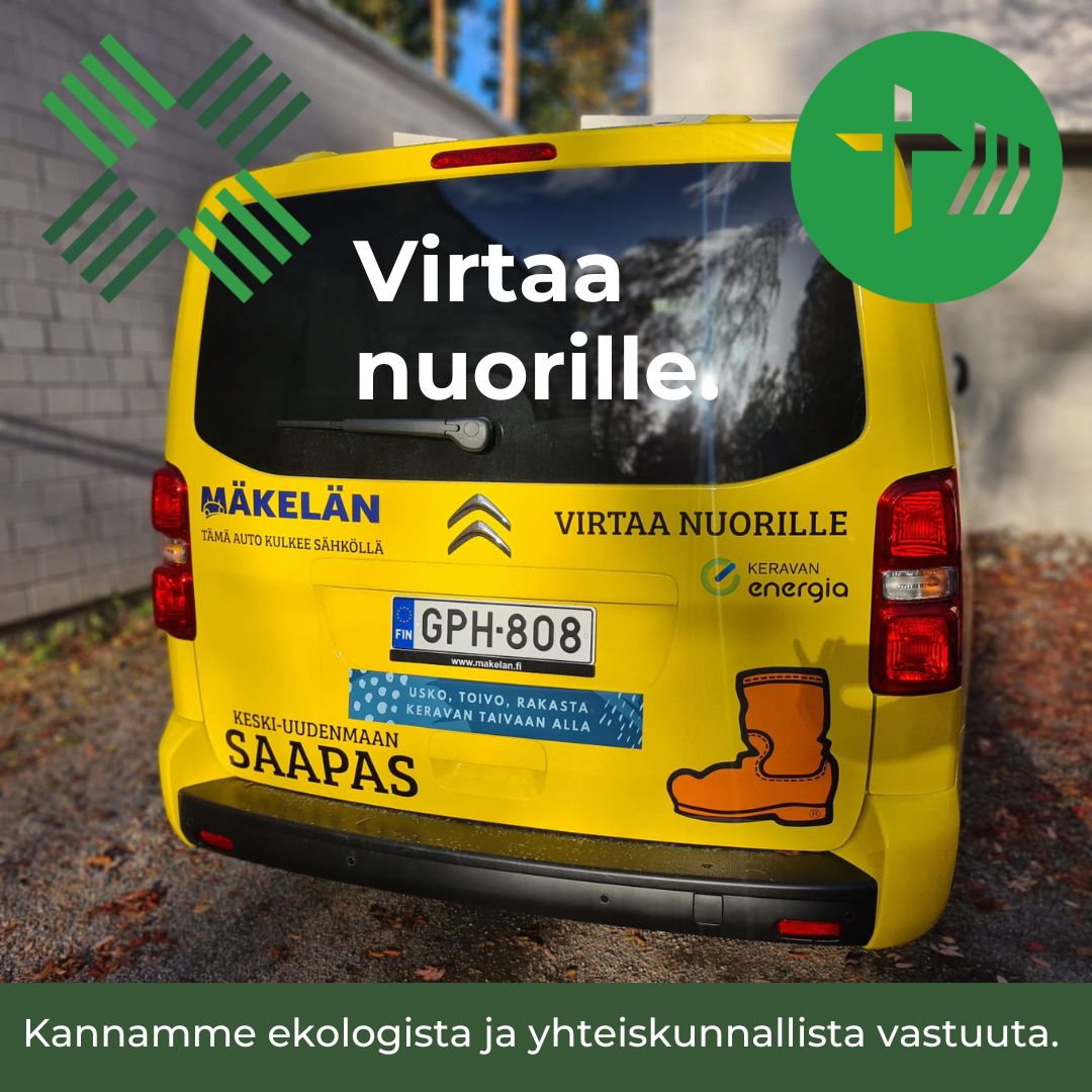 Hankimme yhdessä Järvenpään seurakunnan ja sponsoriemme Keravan Energian ja Mäkelän Auton kanssa sähköauton nuorten Saapas-toimintaan, hallintosihteeri Jarmon ahkeran työn tuloksena.