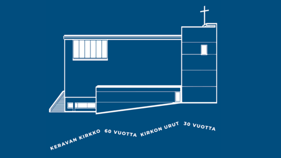 viivapiirros Keravan kirkosta, jossa teksti Keravan kirkko 60  vuotta kirkon urut 30 vuotta.