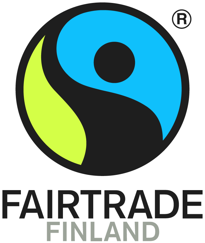 Reilun kaupan logo, musta-sini-vihreä ympyrä.