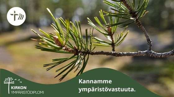 teksti Kannamme ympäristövastuuta ja kirkon ympäristödiplomin ja Keravan seurakunnan logo.