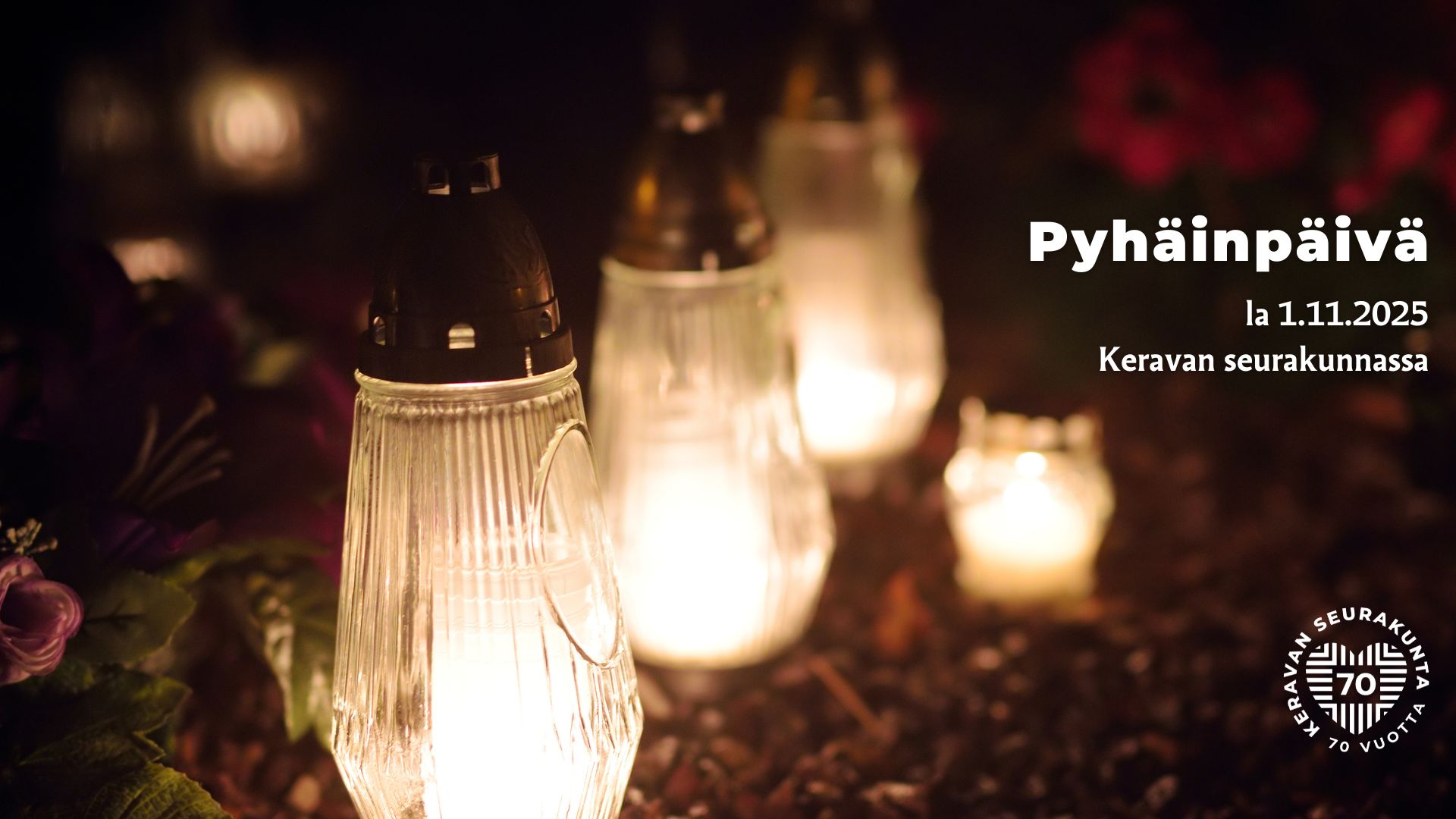 kynttilöitä haudoilla ja teksti Pyhäinpäivä 1.11.2025 Keravan seurakunnassa.