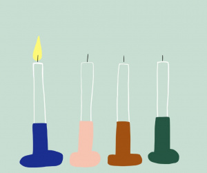 Piirroskuvassa adventtikynttilät, yksi palaa.