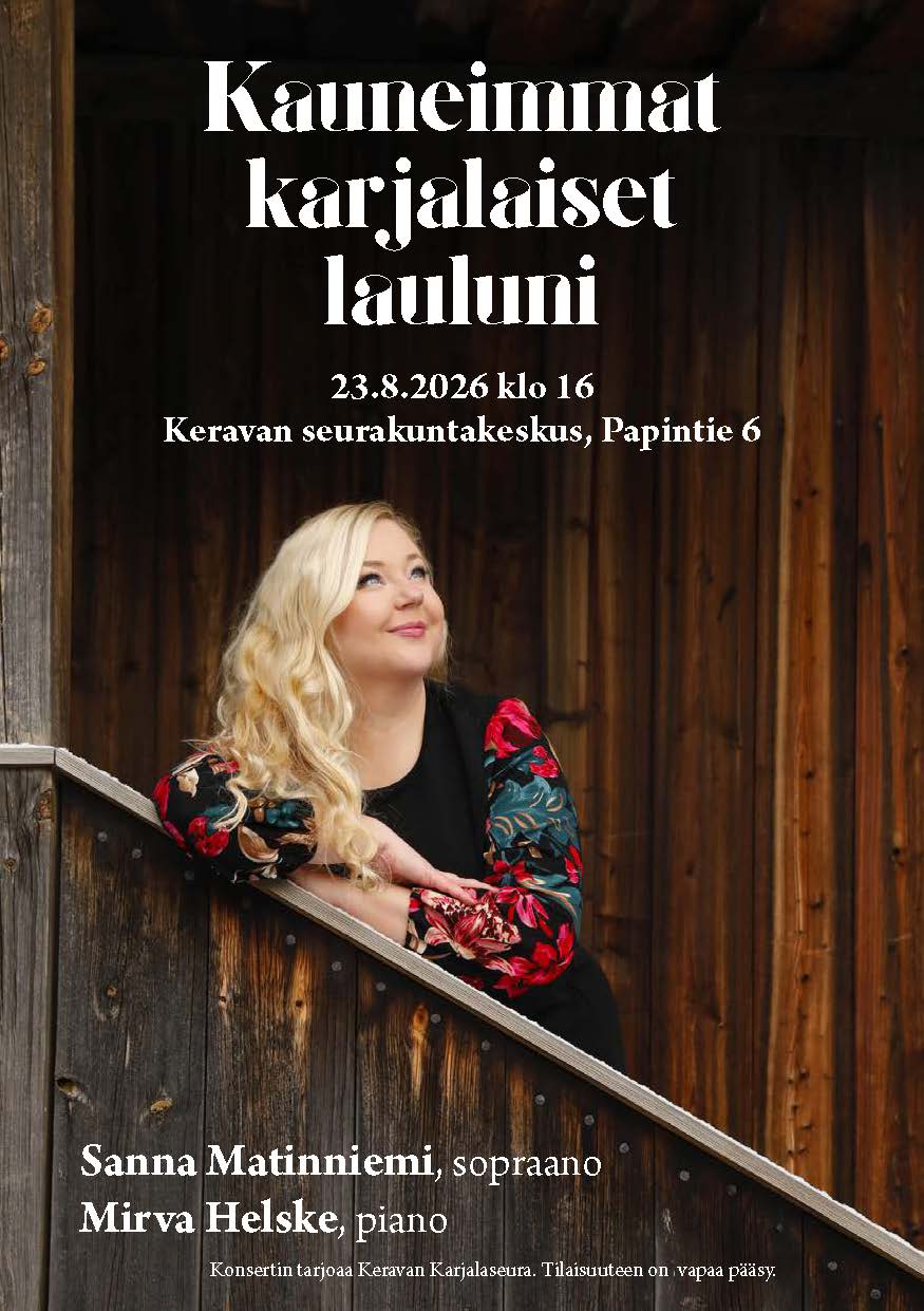 Tilaisuuden mainos, jossa esiintyjän kuva ja vasemmalla olevat konsertin tiedot.