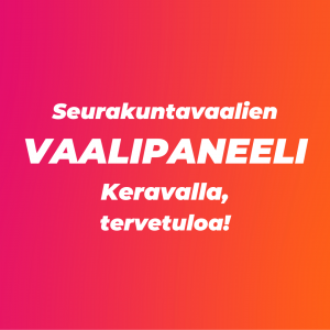 punasävyisellä taustalla teksti Seurakuntavaalien vaalipaneeli Keravalla, tervetuloa! 