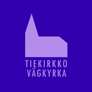 Sinisellä pohjalla lila kirkko ja teksti Tiekirkko.