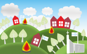 Piirroskuvassa vihreitä mäkiä, punaisia taloja ja suomenlippuja liehumassa.