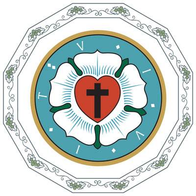 Luther-ruusu. Valkoinen ruusu, jonka sisällä on punainen sydän ja musta risti. Se kertoo ilosta, rauhasta ja lohdutuksesta