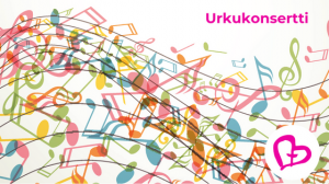 Yhteisvastuukeräyksen pinkki logo ja teksti Urkukonsertti piirrostaustaa vasten, jossa nuotteja.