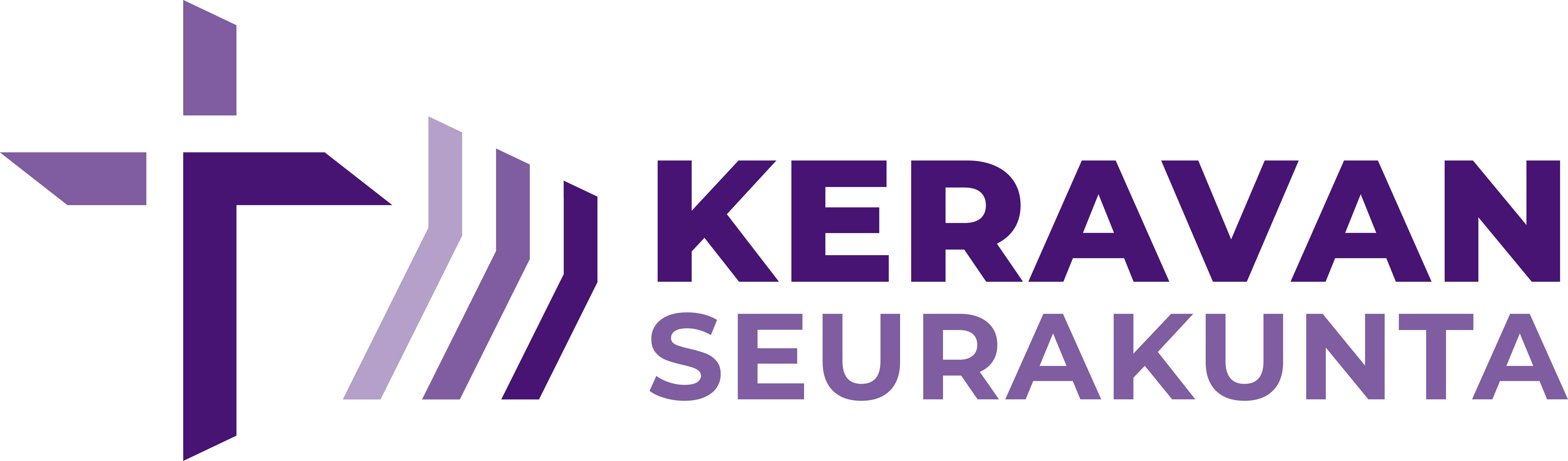 Keravan seurakunnan uusi logo jossa risti ja kolme nuolielementtiä sekä teksti Keravan seurakunta.