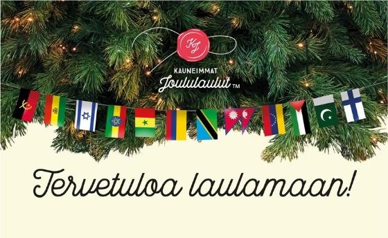 Kauneimmat joululaulut -logo ja teksti tervetuloa laulamaan.