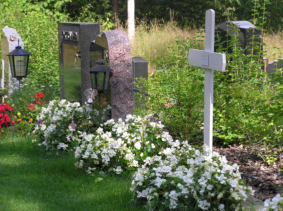 Keravan hautausmaa kesällä. Hautojen edessä kukkia.
