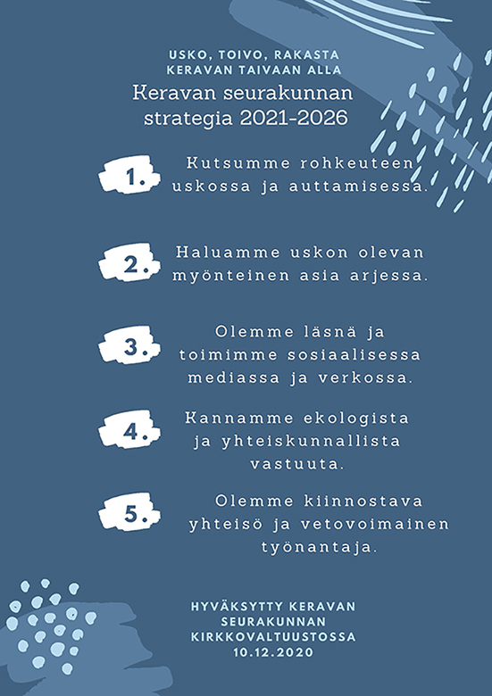 Keravan seurakunnan strategian kansilehti, jossa strategiset linjaukset.