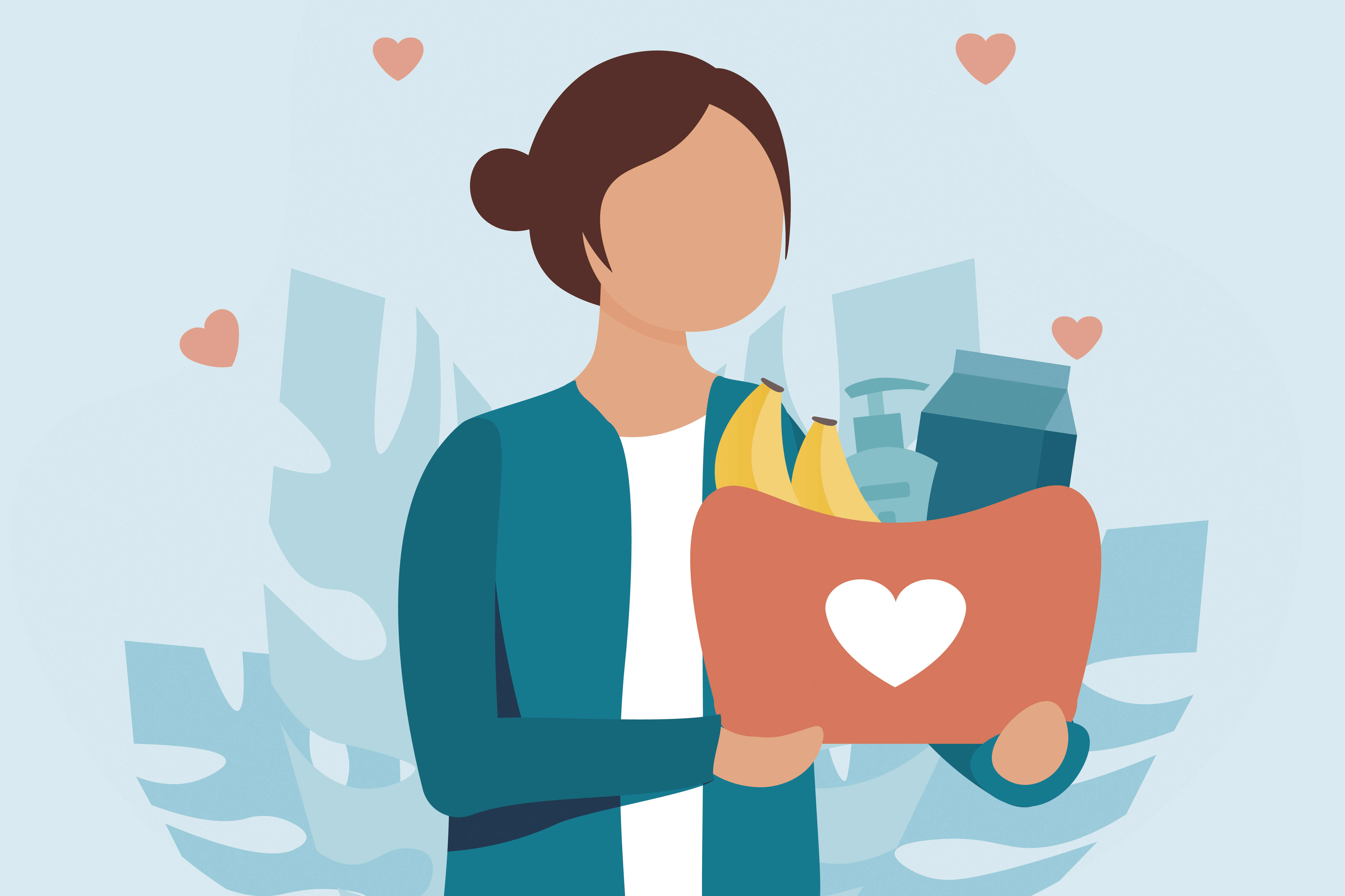 Piirroskuva, nainen pitää käsissä ostoskassia, jossa sydämen kuva.