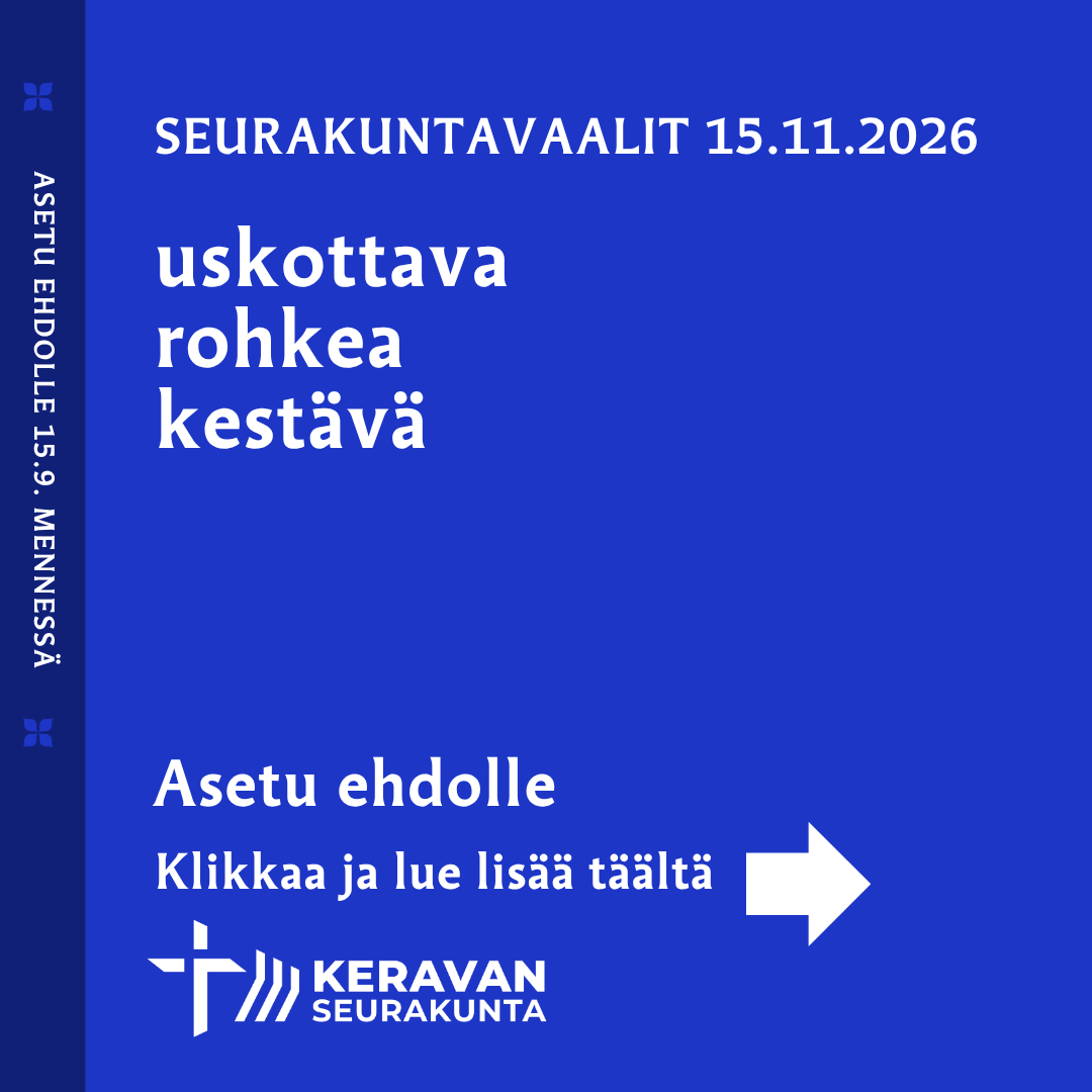 Vaalien banneri, joka vie Keravan seurakunnan vaalien verkkosivuille. 