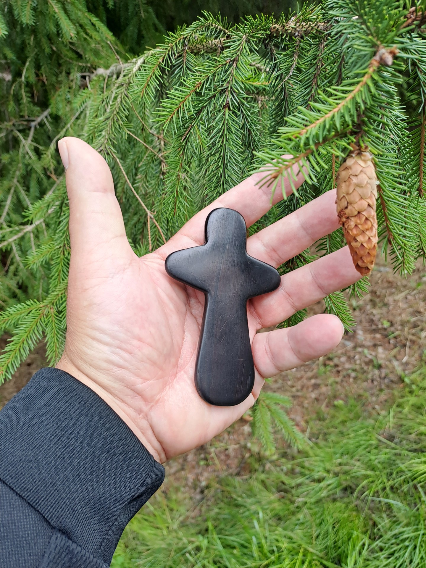 Risti ihmisen kädessä metsämaisemassa. 