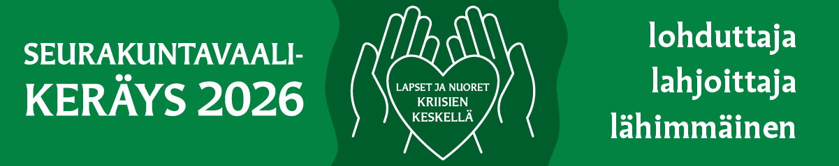 seurakuntavaalikeräyksen banneri, jossa teksti lohduttaja, lahjoittaja, lähimmäinen.