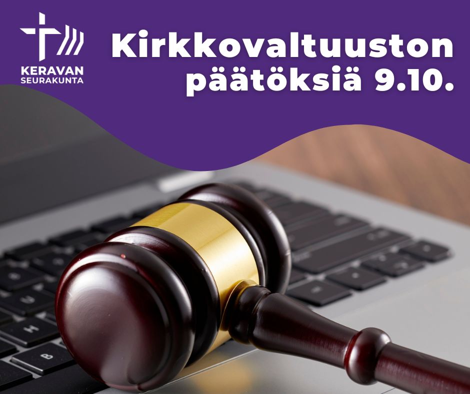 tietokone ja nuija sekä teksti Kirkkovaltuuston päätöksiä 9.10.